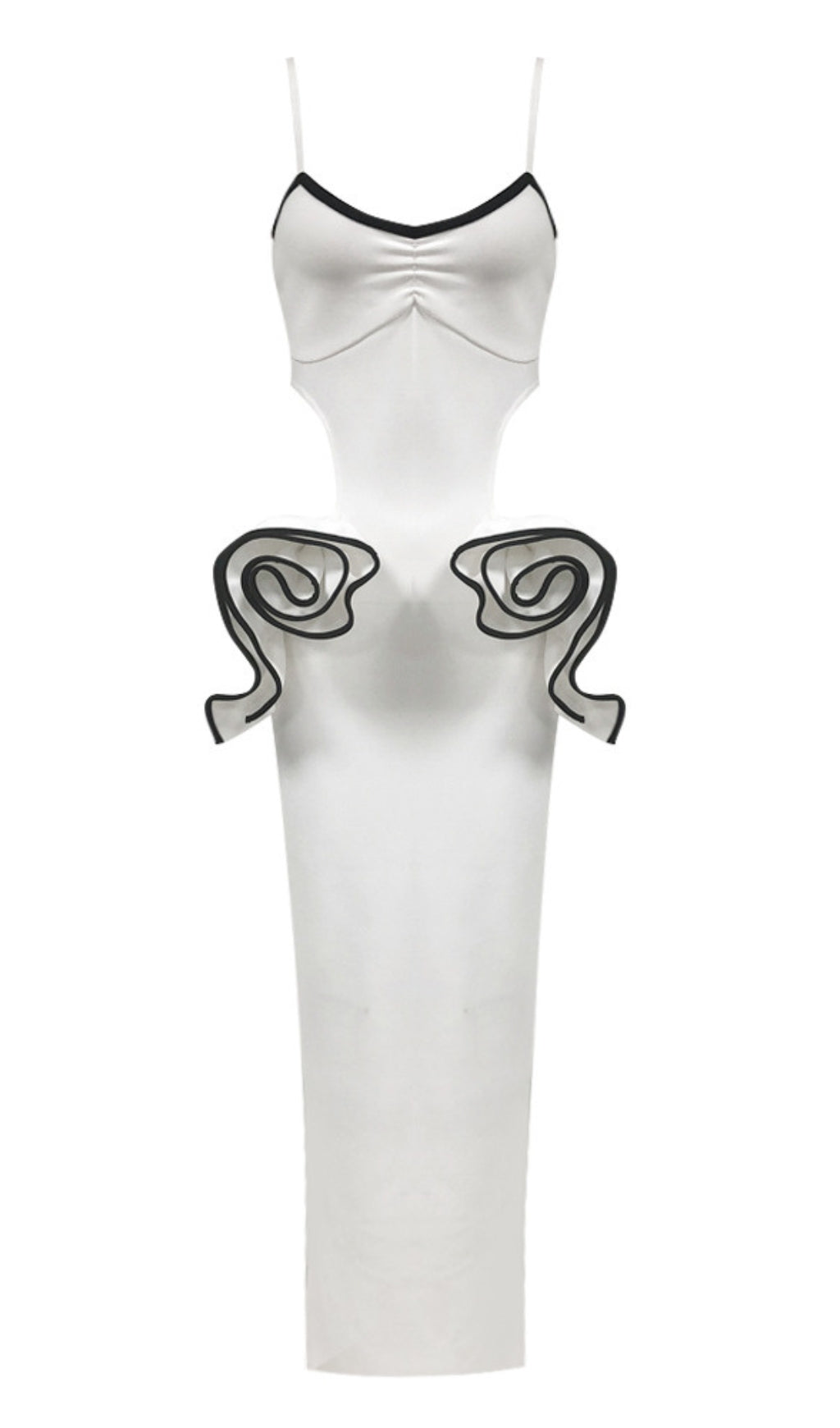 CONTRAST - TRIM CUTOUT RUFFLE - ACCENT MIDI DRESS IN WHITE