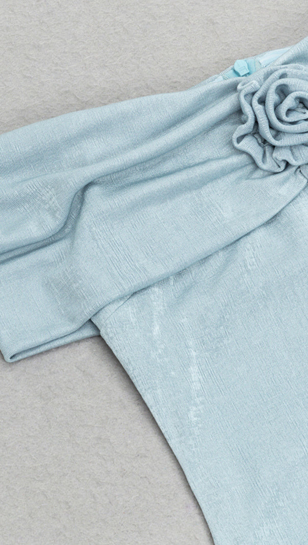 AIIZIE OFF - SHOULDER FLOWER - EMBELLISHED RUFFLE MIDI DRESS IN LIGHT BLUE - product image