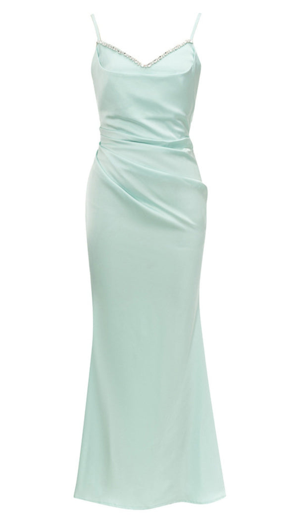 AIIZIE SATIN RHINESTONE - TRIMMED RUCHED MAXI DRESS IN LIGHT BLUE - product image