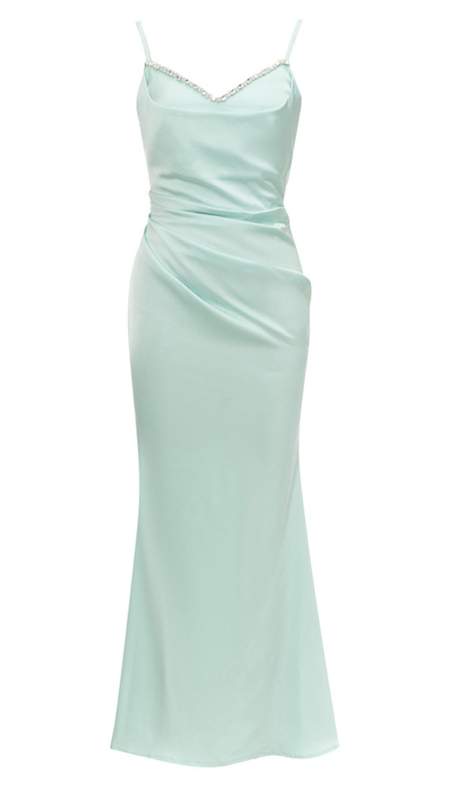 SATIN RHINESTONE - TRIMMED RUCHED MAXI DRESS IN LIGHT BLUE