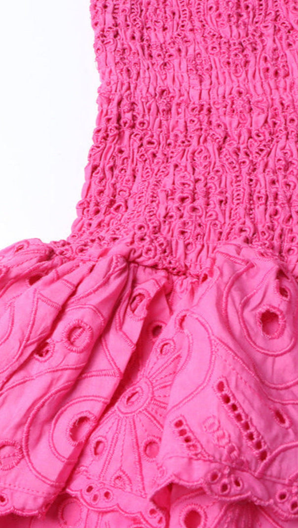 AIIZIE EYELET LAYERED STRAPLESS MINI DRESS IN FUCHSIA - product image
