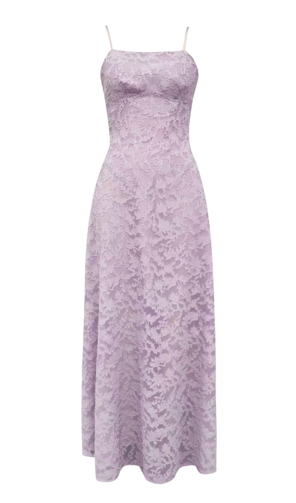 Abito midi con spalline in pizzo floreale color lavanda