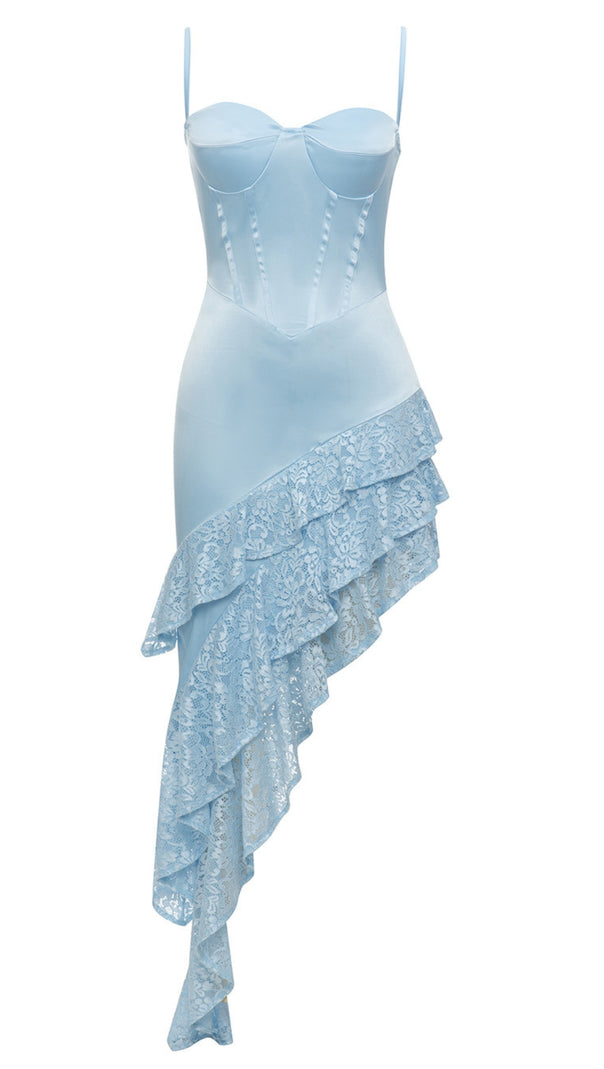 AIIZIE SATIN - CORSET ASYMMETRIC LACE - RUFFLE DRESS IN LIGHT BLUE - product image