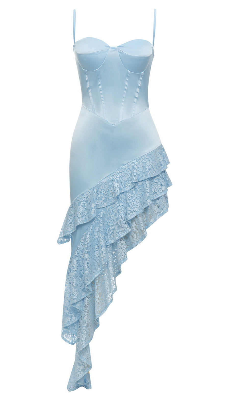 Raso - Corsetto Asimmetrico in Pizzo - Abito con Volant in Azzurro