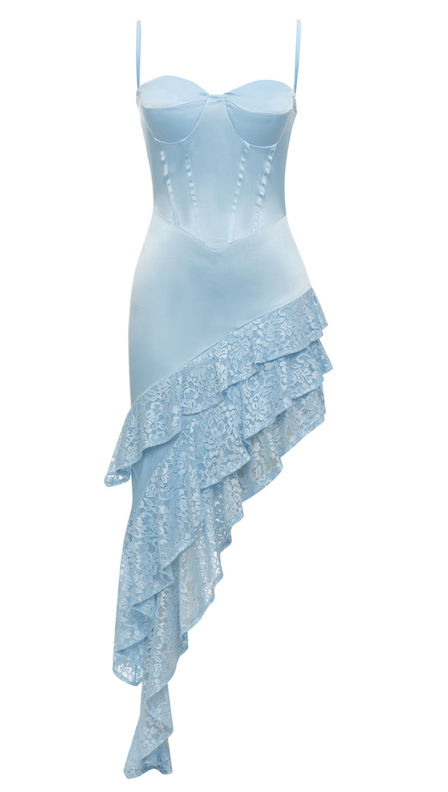 SATIN - CORSET ASYMMETRIC LACE - RUFFLE DRESS IN LIGHT BLUE