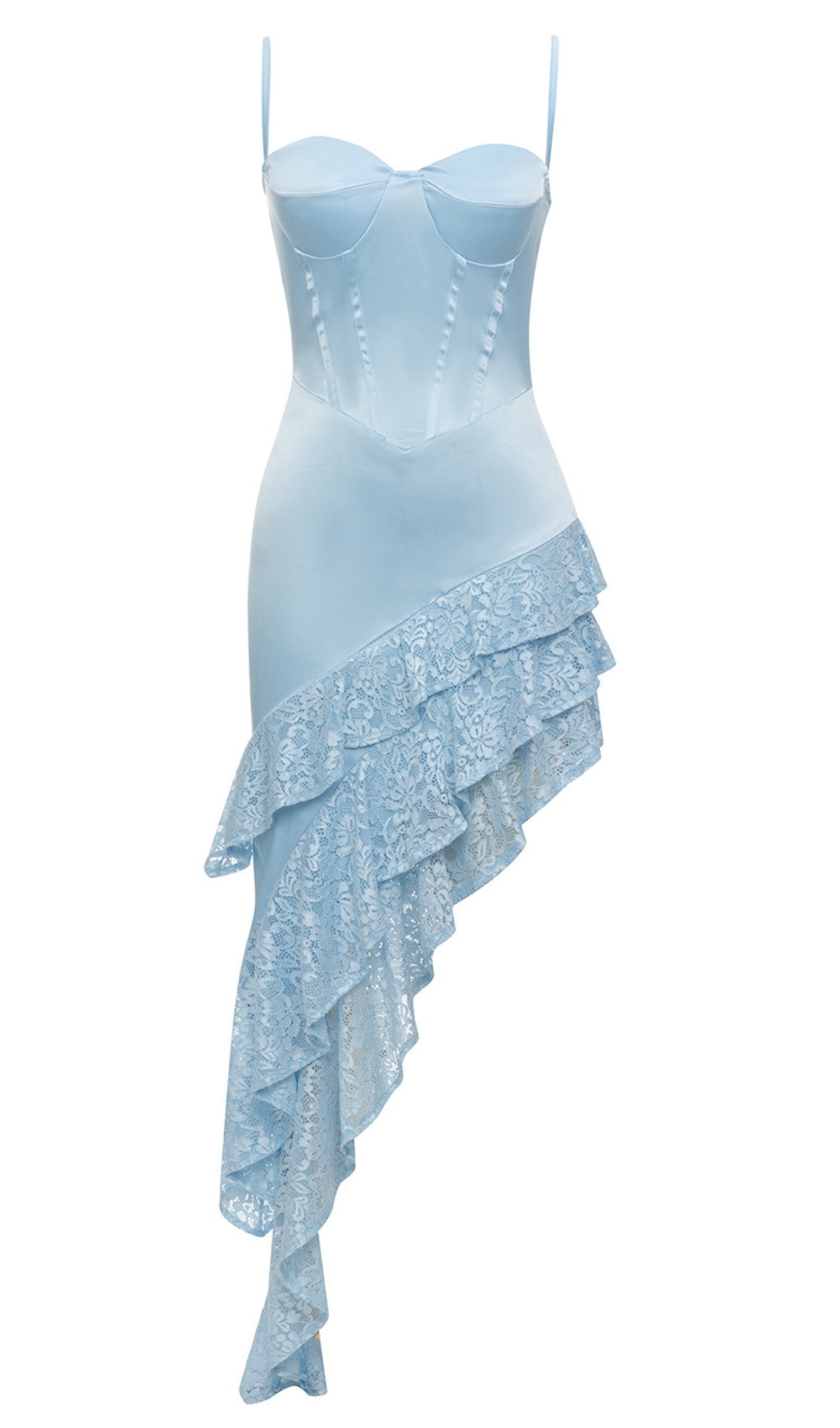 SATIN - CORSET ASYMMETRIC LACE - RUFFLE DRESS IN LIGHT BLUE