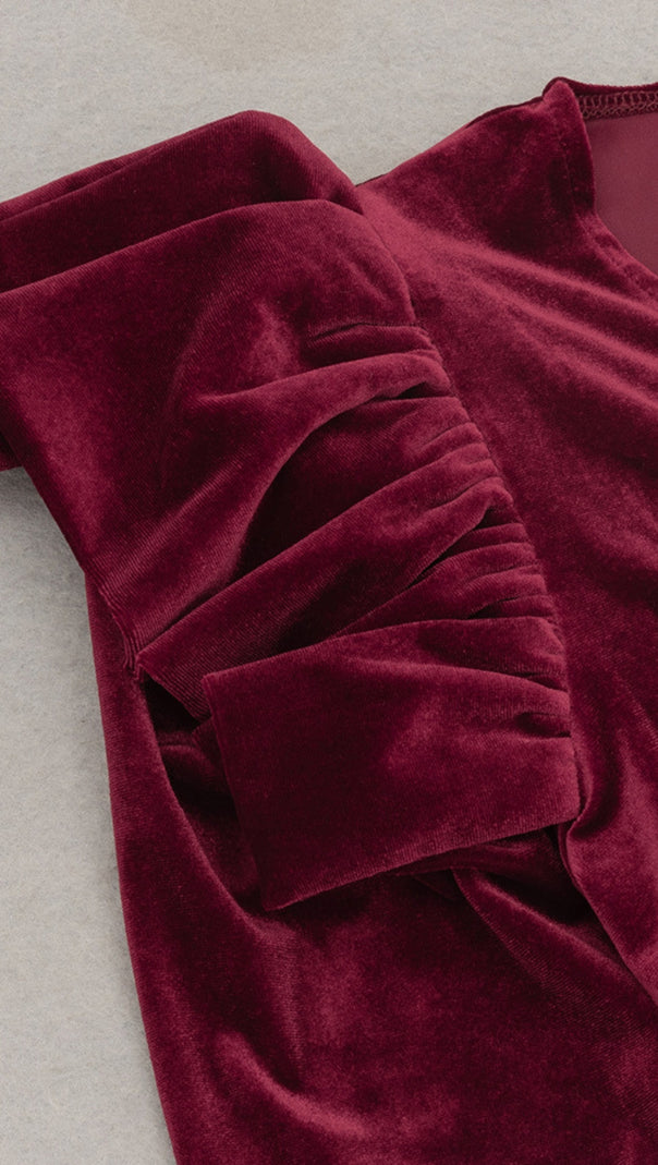 AIIZIE VELVET RUFFLED SLEEVE BUTTON - FRONT MAXI DRESS IN DARK RED - product image