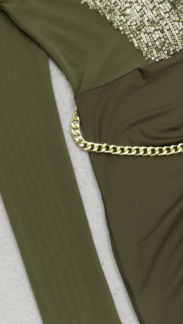 AIIZIE MESH - TOP SEQUIN - EMBELLISHED SLIT MAXI DRESS IN DARK GREEN - product image