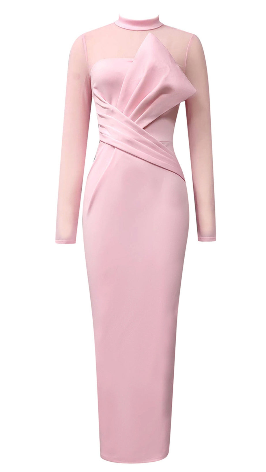 MOCK NECK MESH - SLEEVE BOW - DETAIL MIDI DRESS IN PINK