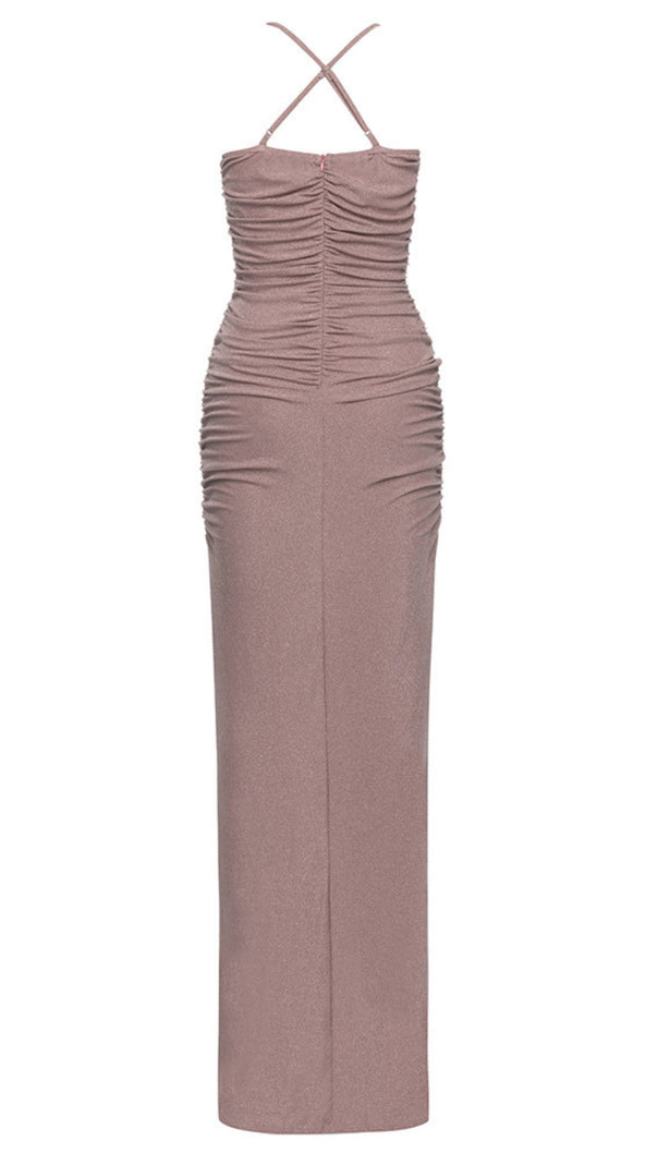 AIIZIE RUCHED HALTER NECK SIDE - SLIT MAXI DRESS IN BLUSH - product image