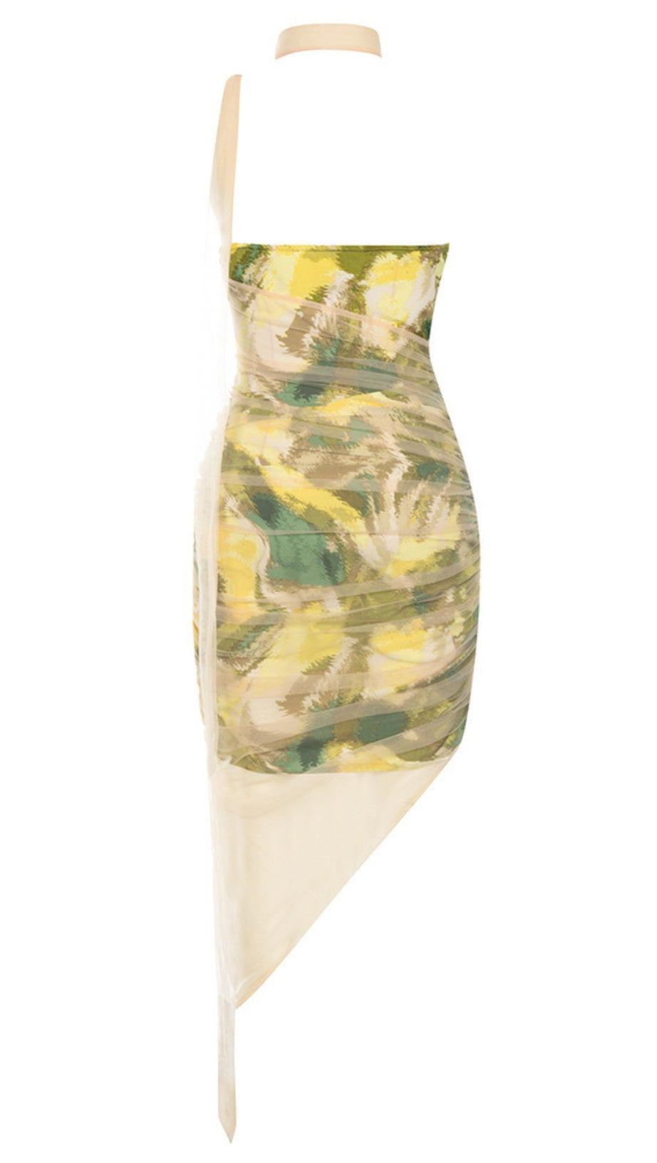 PRINTED MESH HALTER NECK ASYMMETRIC MIDI DRESS