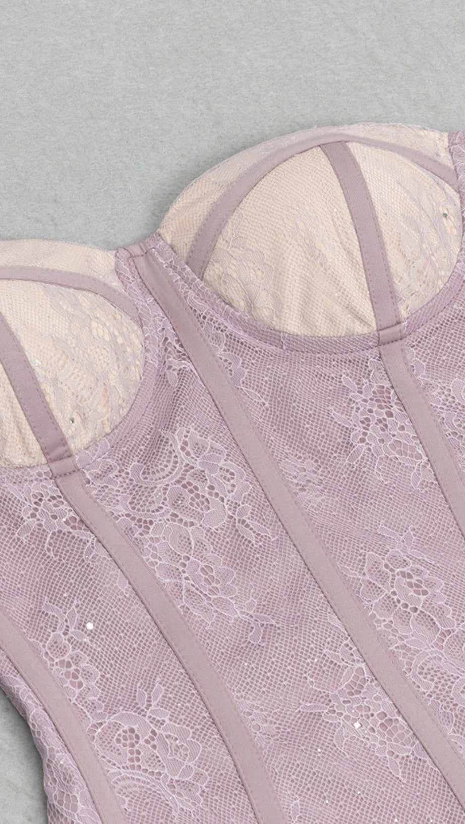 LACE STRAPLESS CORSET - STYLE MESH - OVERLAY MIDI DRESS IN LAVENDER