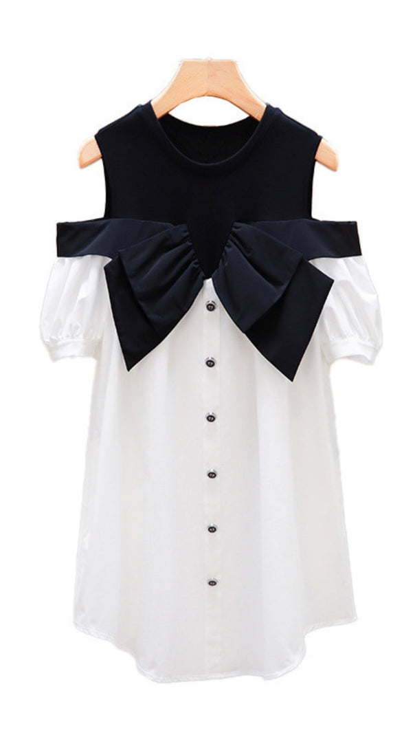 AIIZIE EVELYN OFF-SHOULDER CONTRAST BOW MINI DRESS - product image