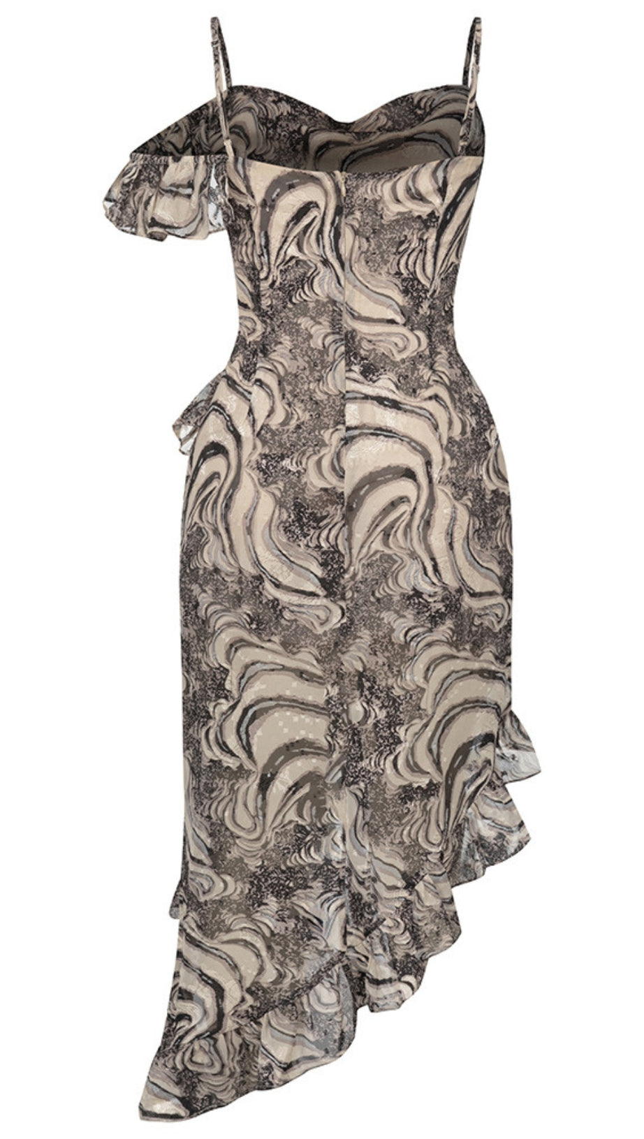 PRINTED ASYMMETRIC RUFFLE - HEM MIDI DRESS