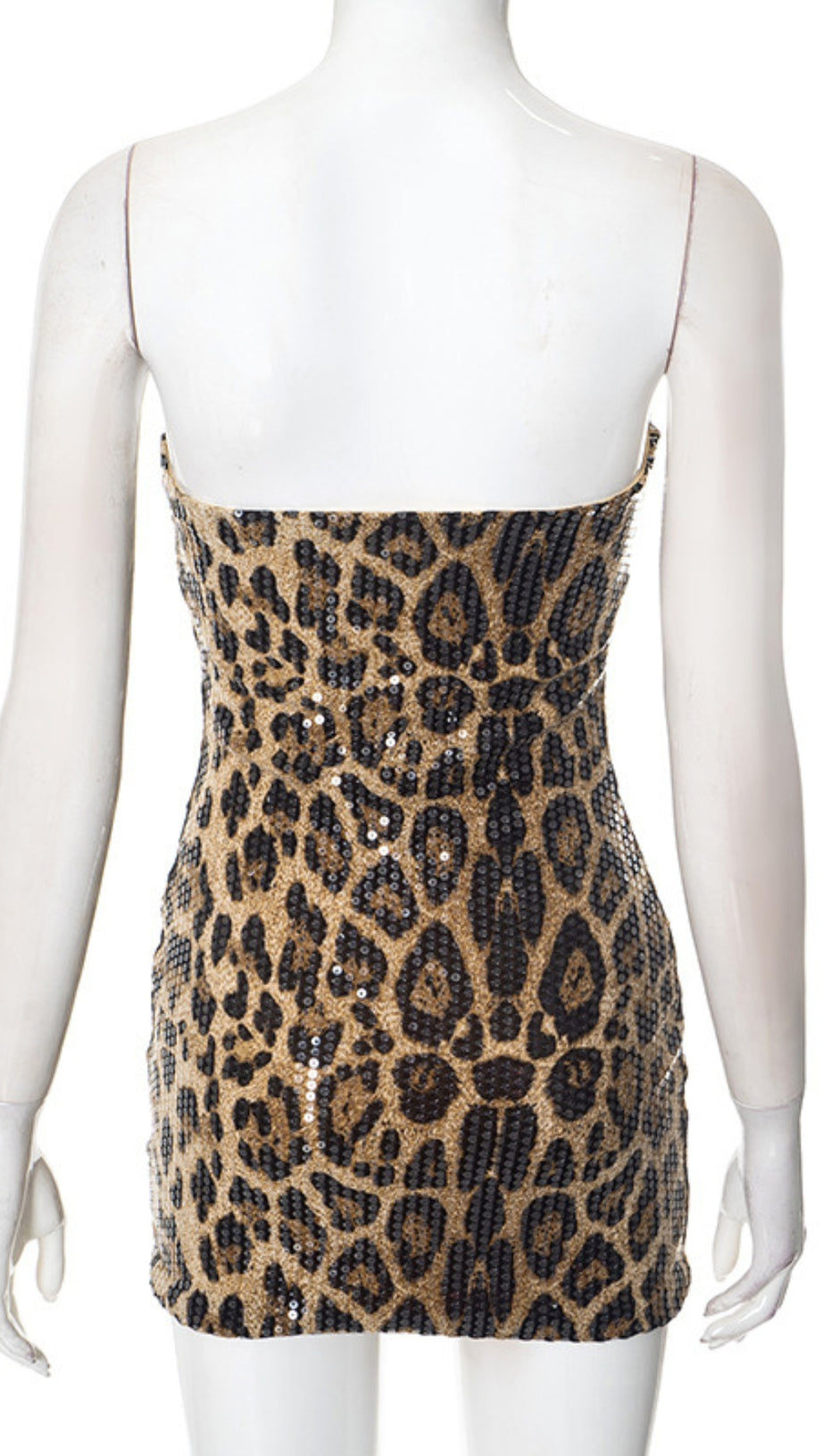 LEOPARD PRINT STRAPLESS SEQUIN CUTOUT MINI DRESS