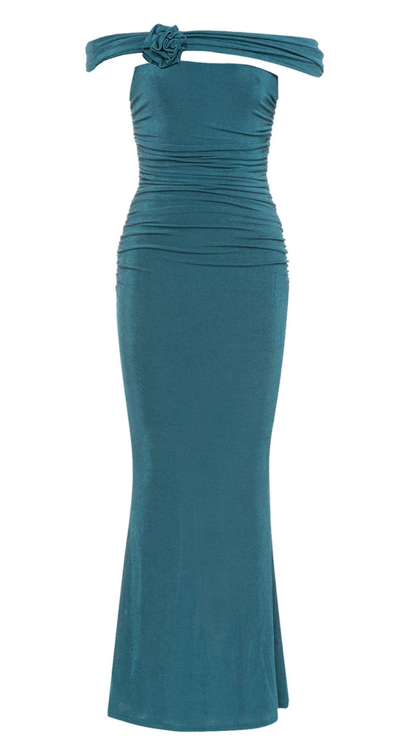 AIIZIE OFF - SHOULDER FLOWER - ACCENT RUCHED MERMAID DRESS IN TEAL - product image