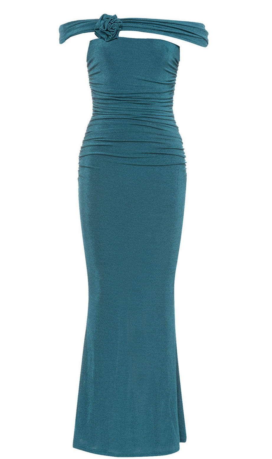 Off - Shoulder Flower - Accent Ruched Mermaid Dress in Teal