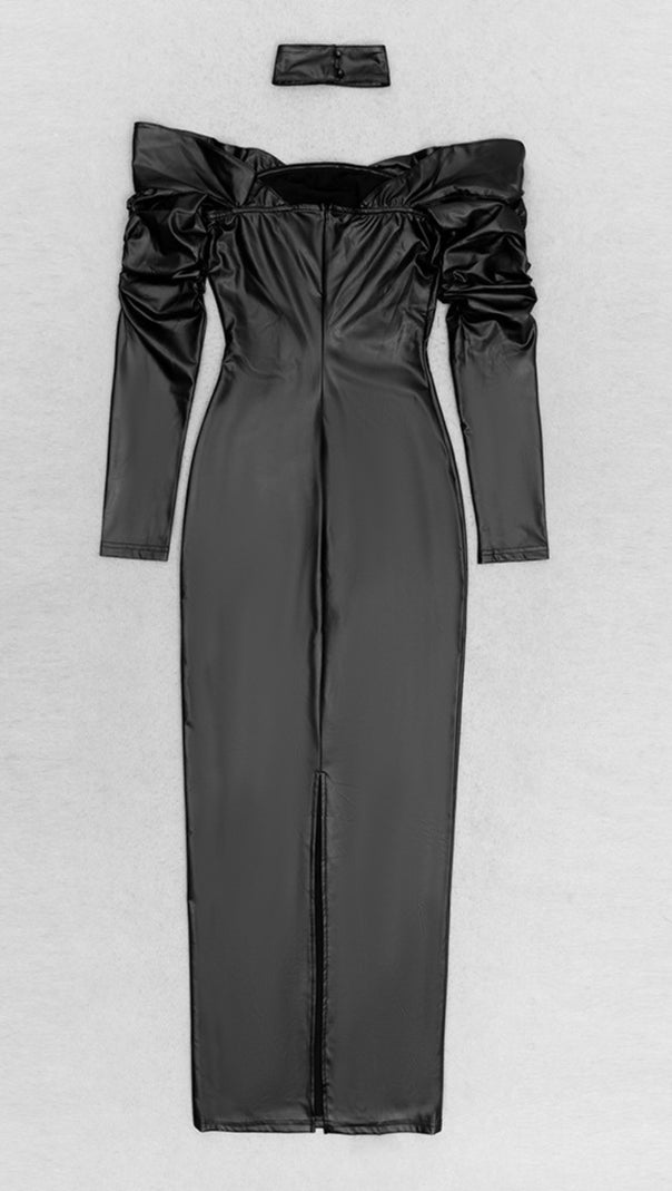 AIIZIE FAUX LEATHER OFF - SHOULDER BUTTONED MAXI DRESS IN BLACK - product image