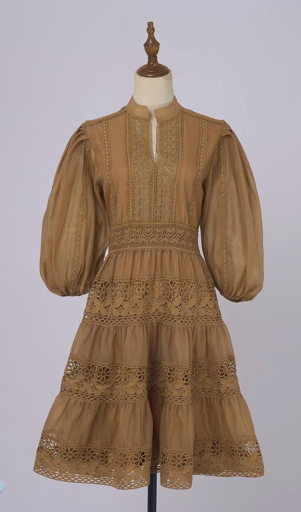 Khaki Lace - Trimmed Tiered Fall Dress