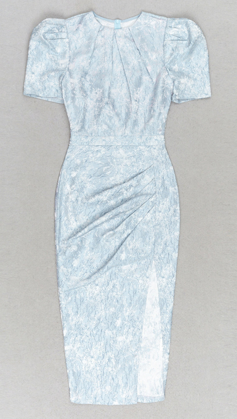 FLORAL - JACQUARD PUFF - SLEEVE MIDI DRESS IN BLUE