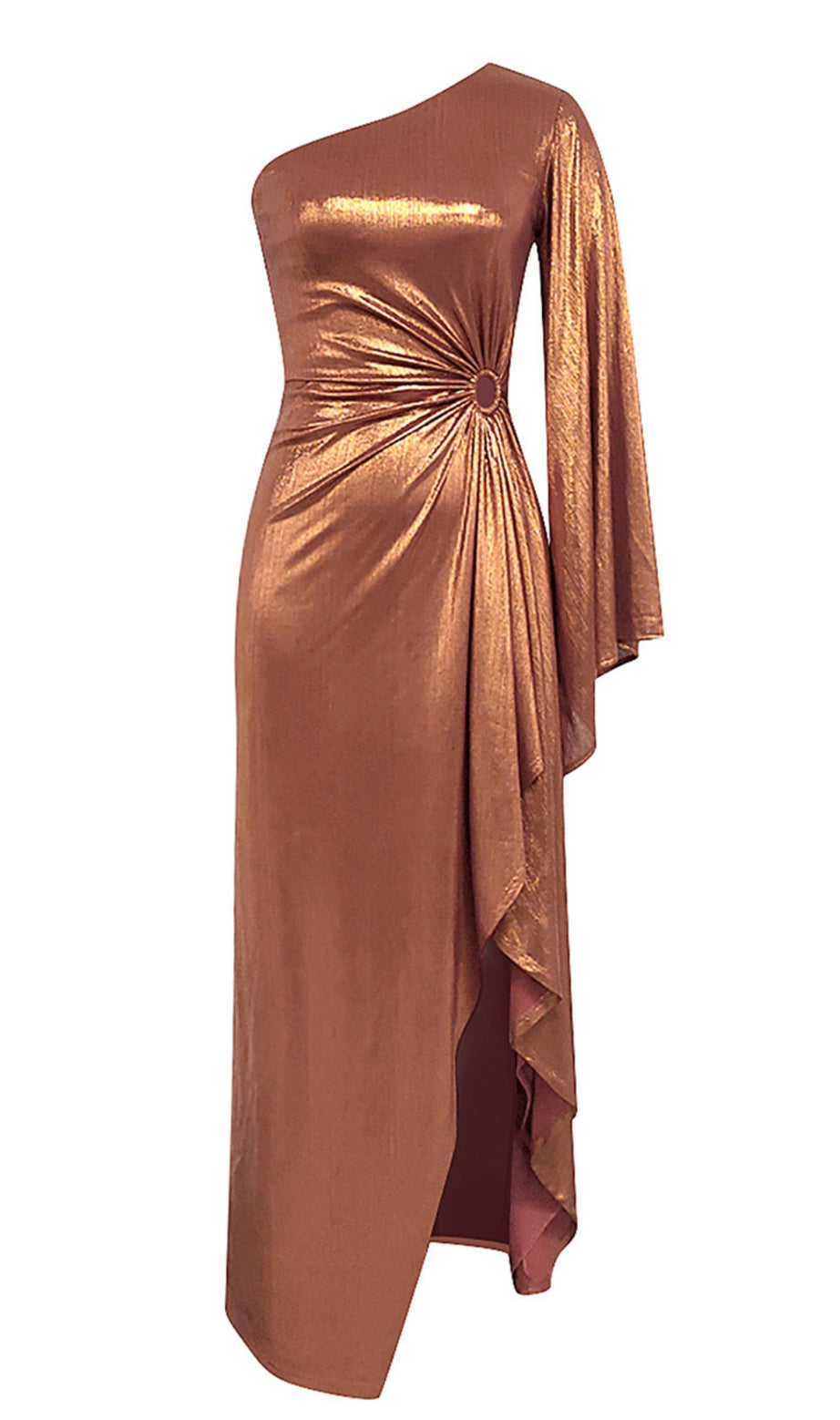 One - Shoulder Ruched Asymmetric Metallic Dress in Bronze