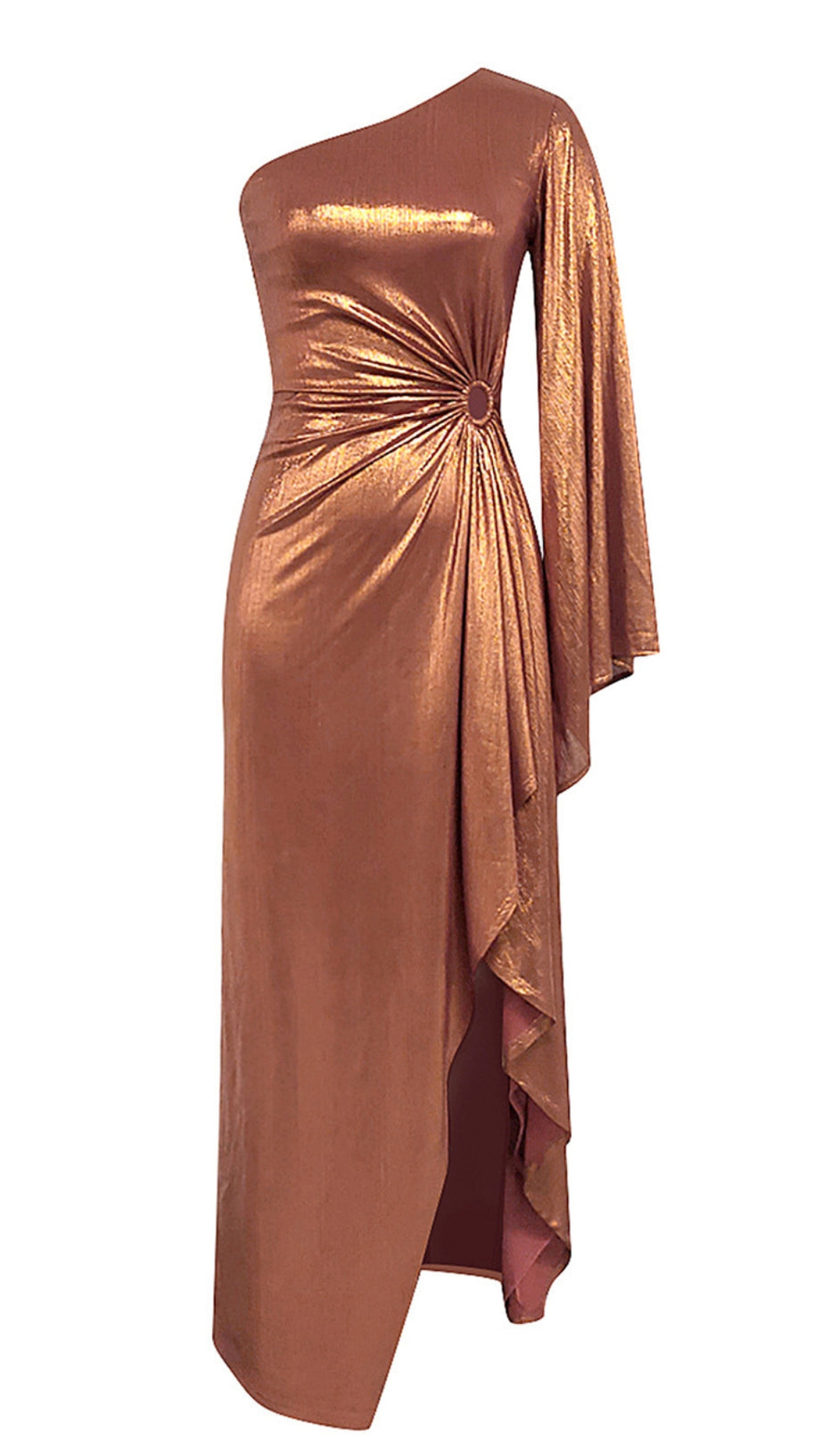 Asymmetrisches Metallic-Kleid mit One-Shoulder-Rüsche in Bronze