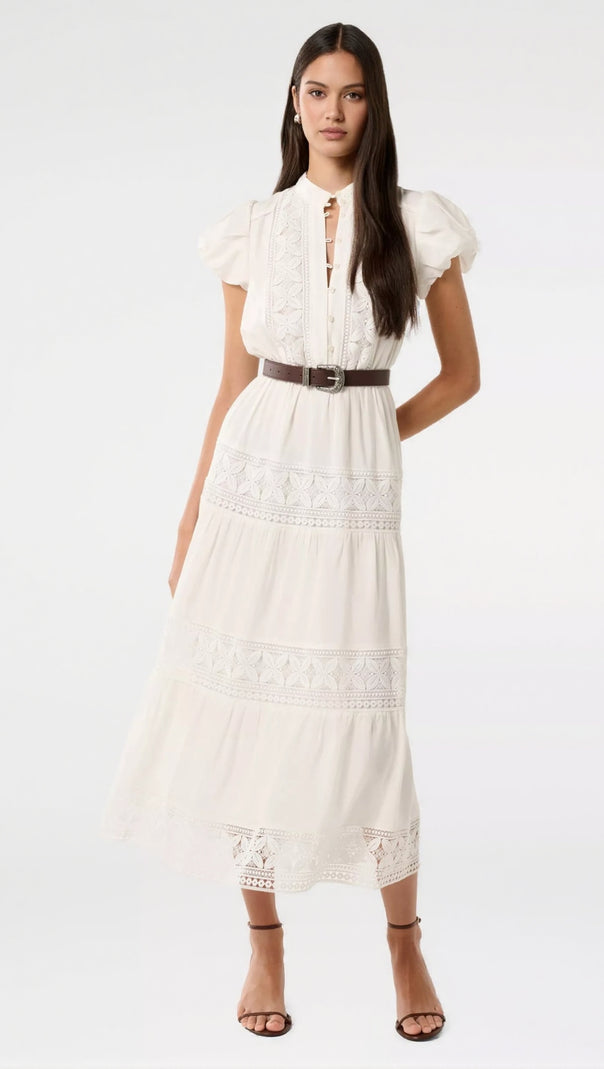 AIIZIE WHITE ADELAIDE LACE BELTED TRIM MIDI DRESS - product image