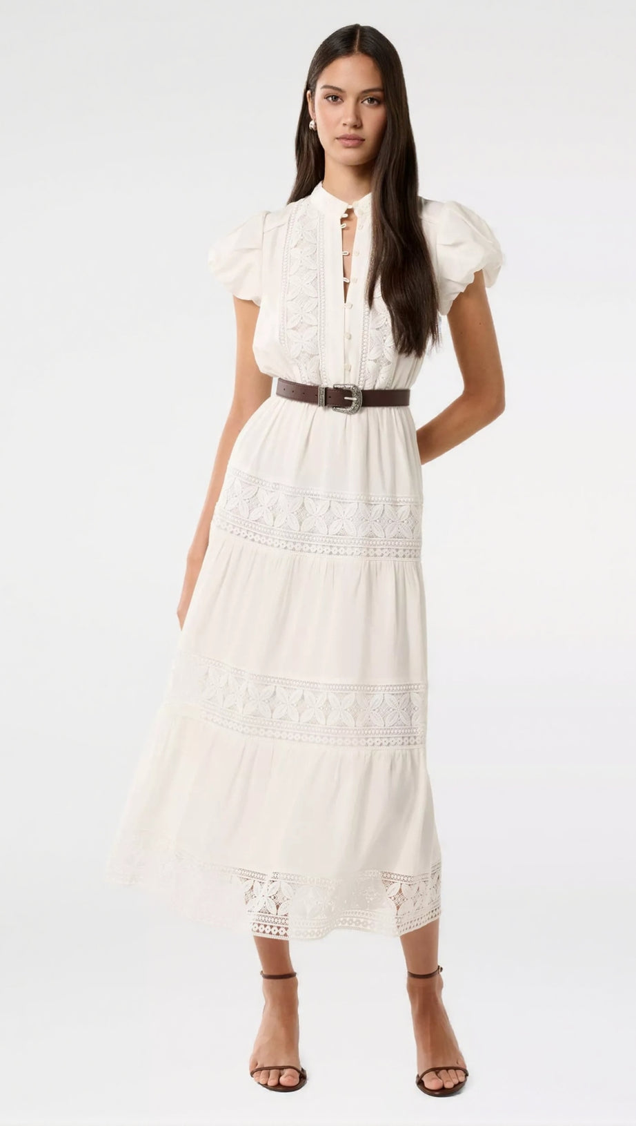 WHITE ADELAIDE LACE BELTED TRIM MIDI DRESS