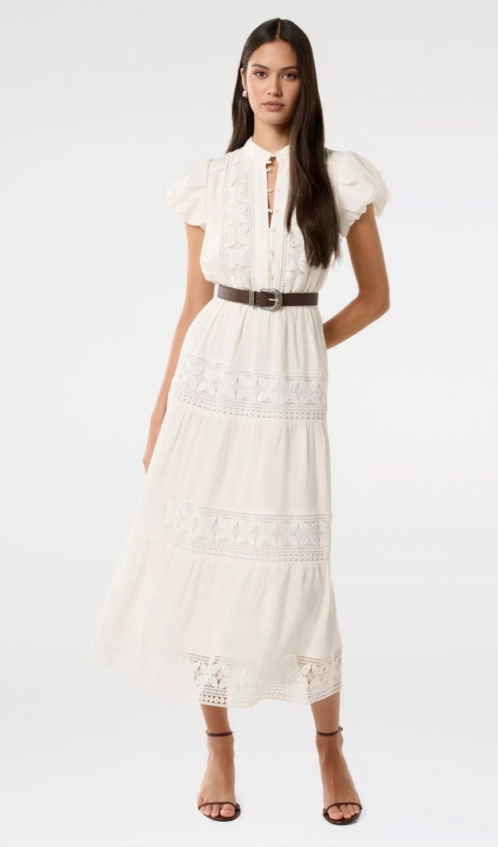 WHITE ADELAIDE LACE BELTED TRIM MIDI DRESS