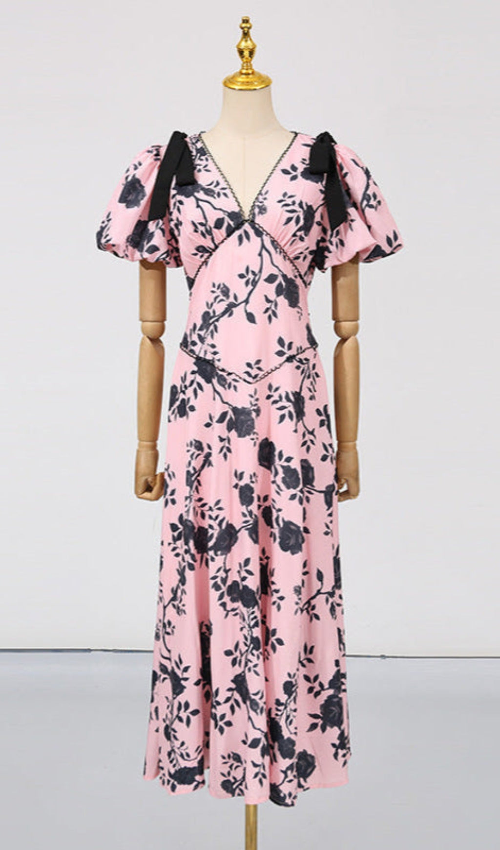 AIIZIE V-NECK SATIN FLORAL MIDI DRESS IN PINK - product image