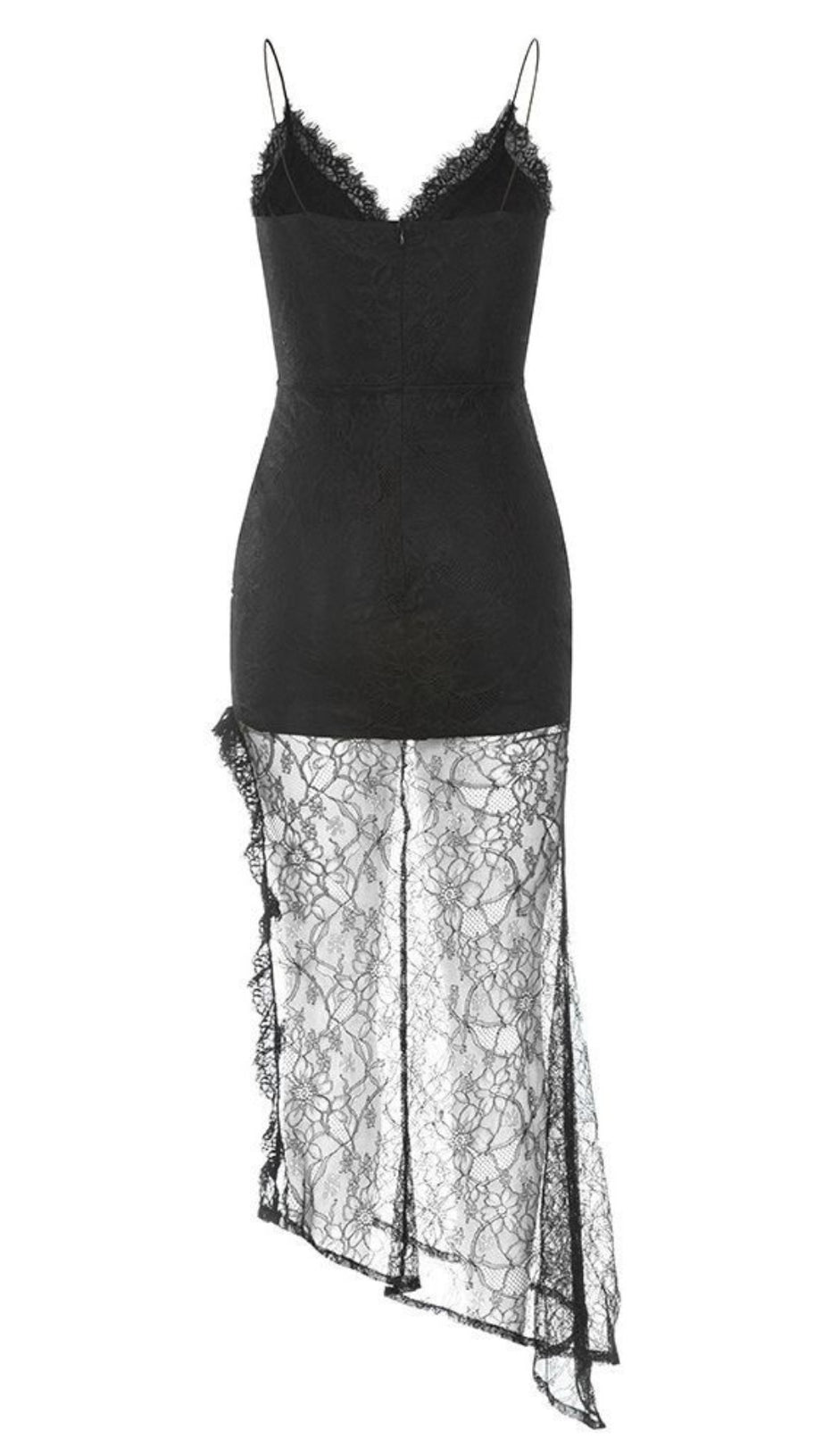 LACE - TRIMMED ASYMMETRIC SLIP MIDI DRESS IN BLACK