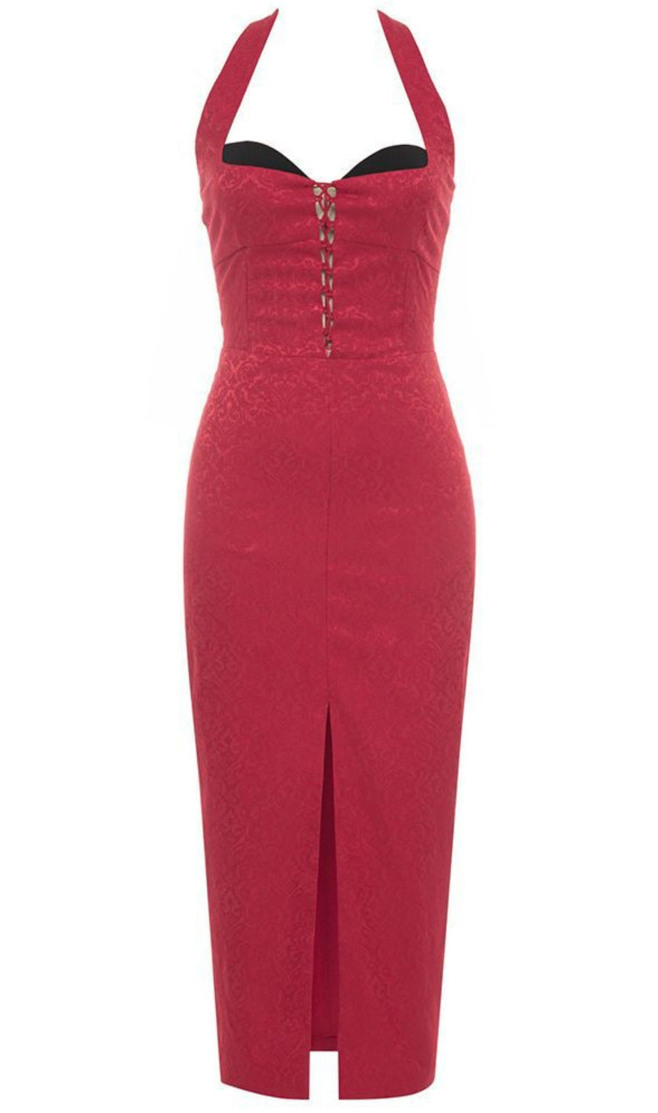 Abito midi in broccato con scollo all'americana e lacci, rosso