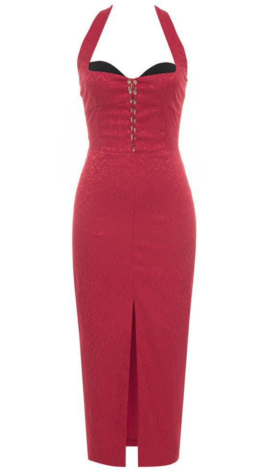 Neckholder-Midikleid aus Brokat mit Schnürung in Rot