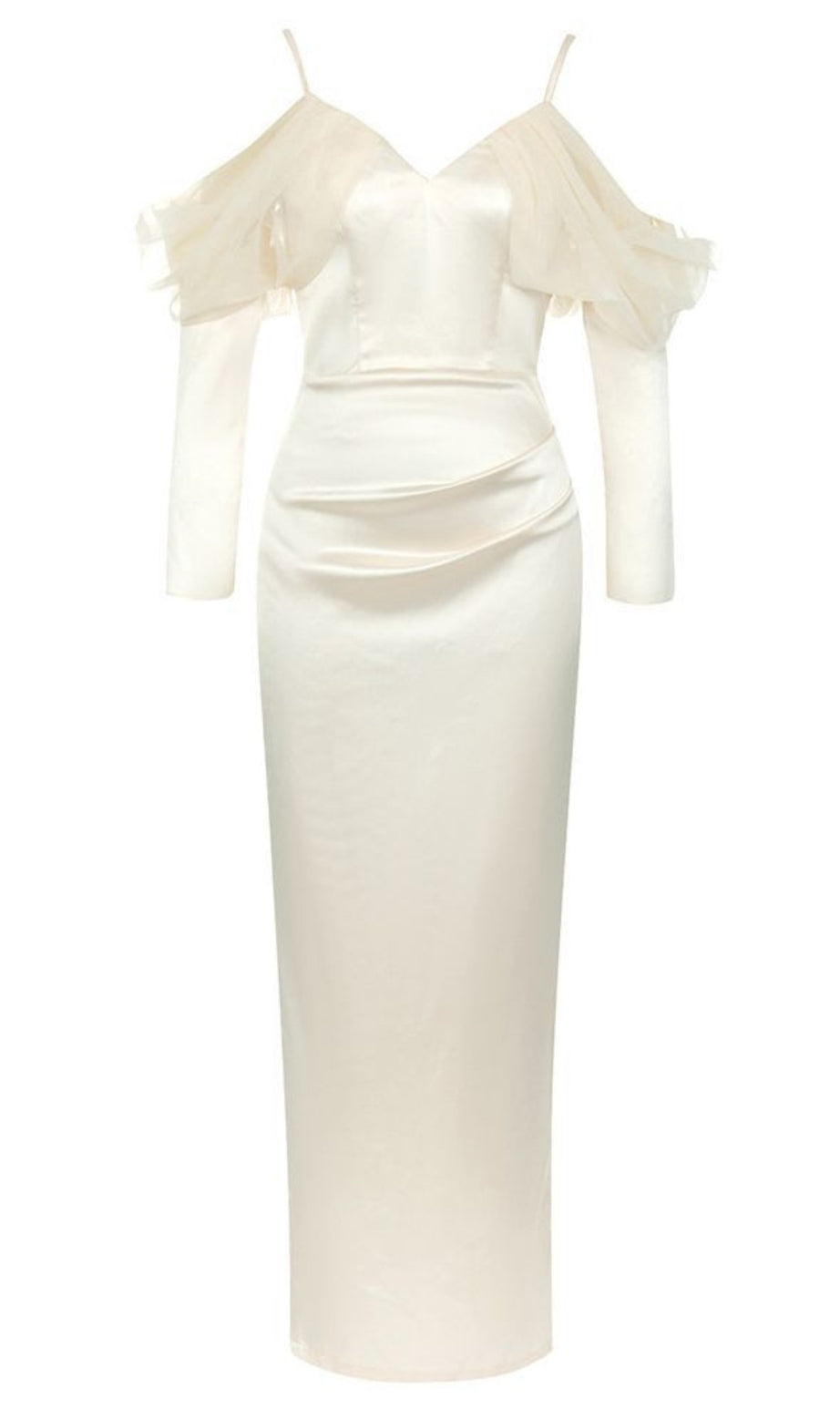 Satin Off - Shoulder Tulle - Sleeve Maxi Dress in Ivory