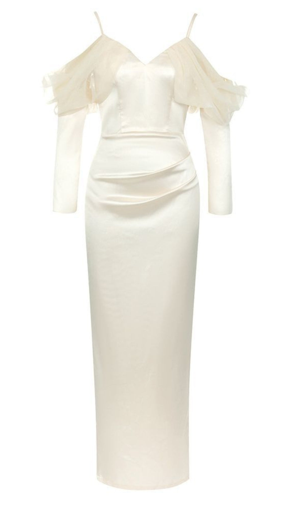 SATIN OFF - SHOULDER TULLE - SLEEVE MAXI DRESS IN IVORY