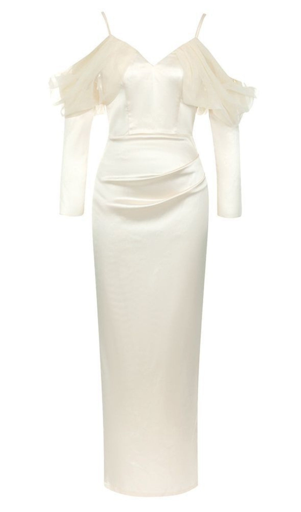 SATIN OFF - SHOULDER TULLE - SLEEVE MAXI DRESS IN IVORY
