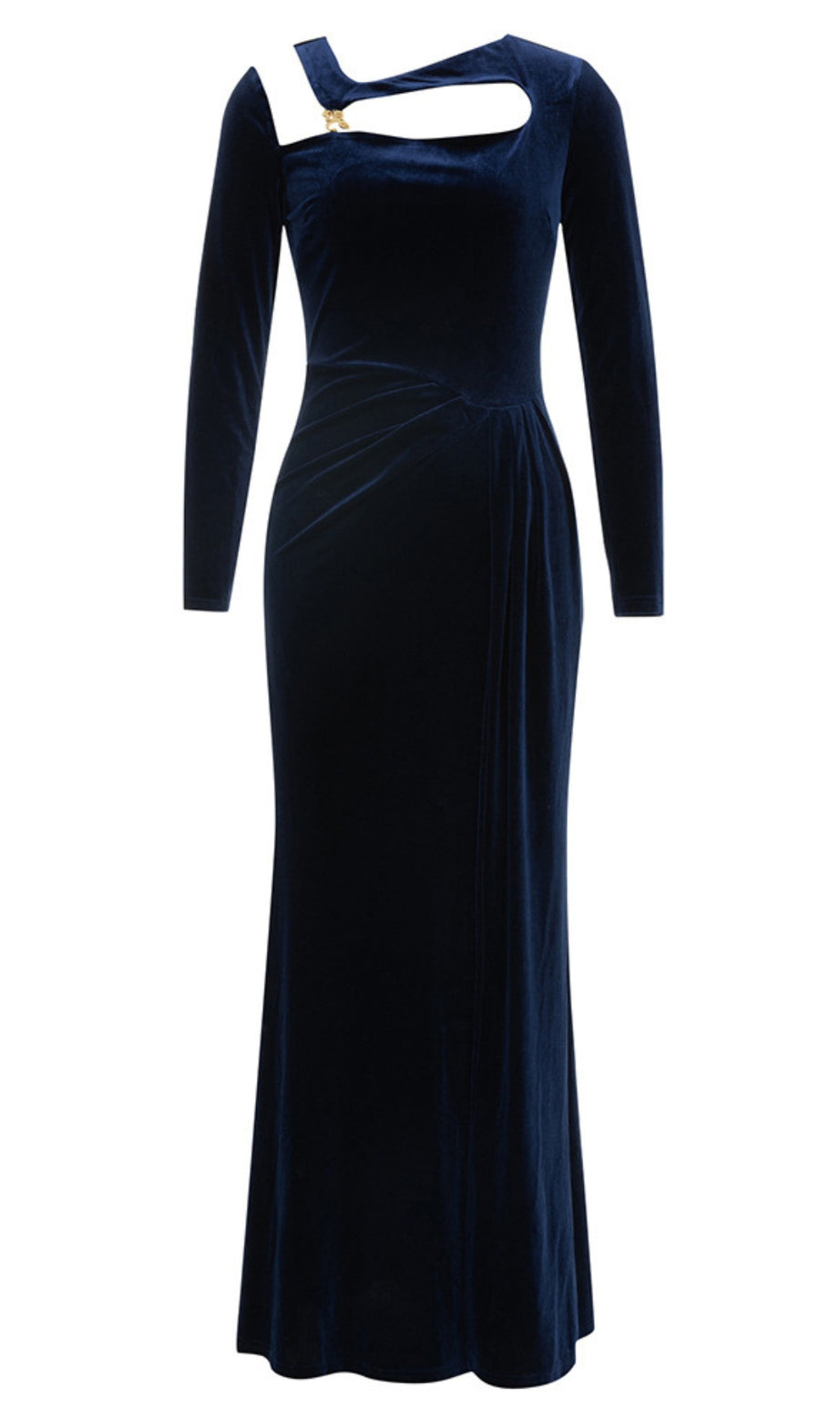 Abito lungo in velluto con maniche lunghe e cut-out in blu navy