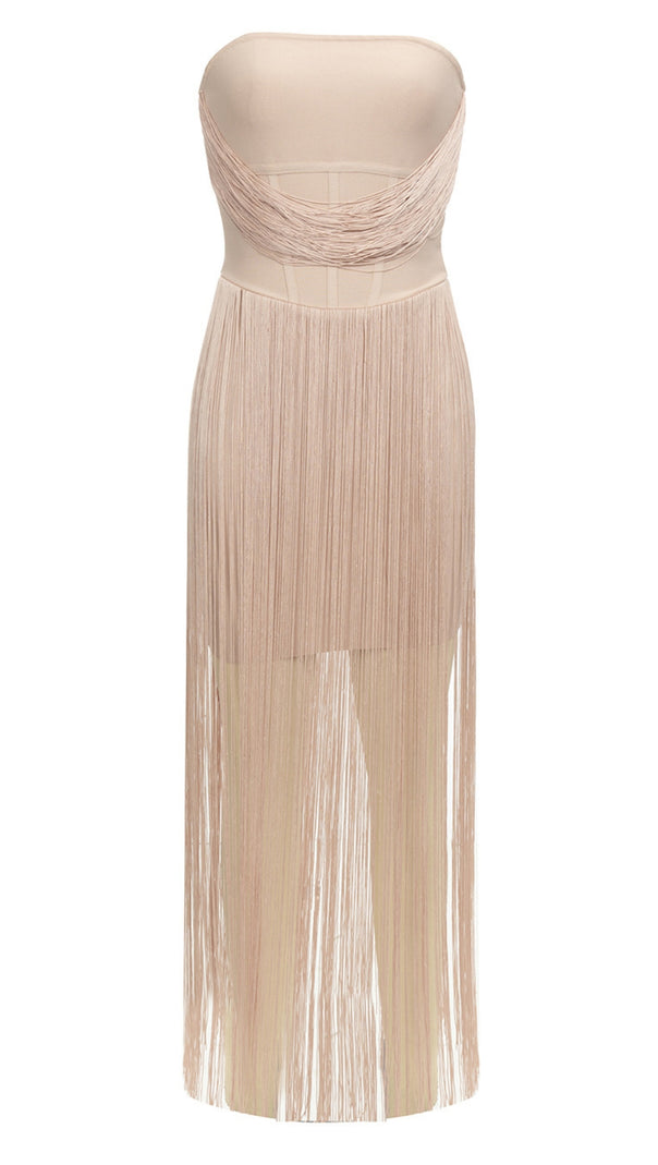 AIIZIE STRAPLESS FRINGE MIDI DRESS IN NUDE - product image