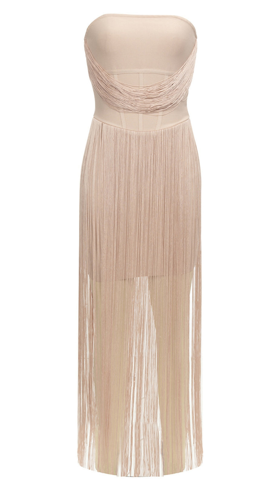 STRAPLESS FRINGE MIDI DRESS IN NUDE