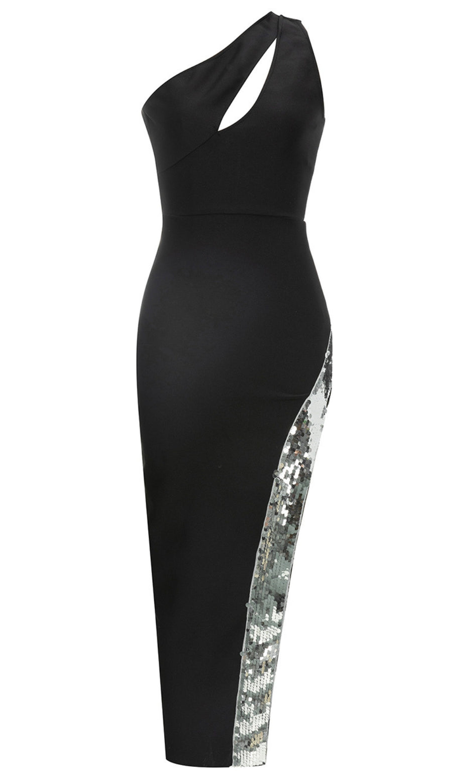 One-Shoulder-Midikleid mit Cutout und Paillettenbesatz in Schwarz