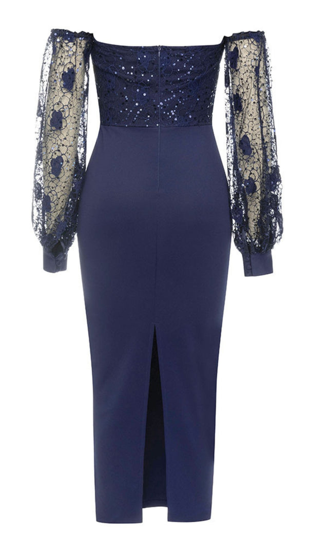 AIIZIE OFF - SHOULDER LACE - SLEEVE MIDI DRESS IN NAVY BLUE - product image