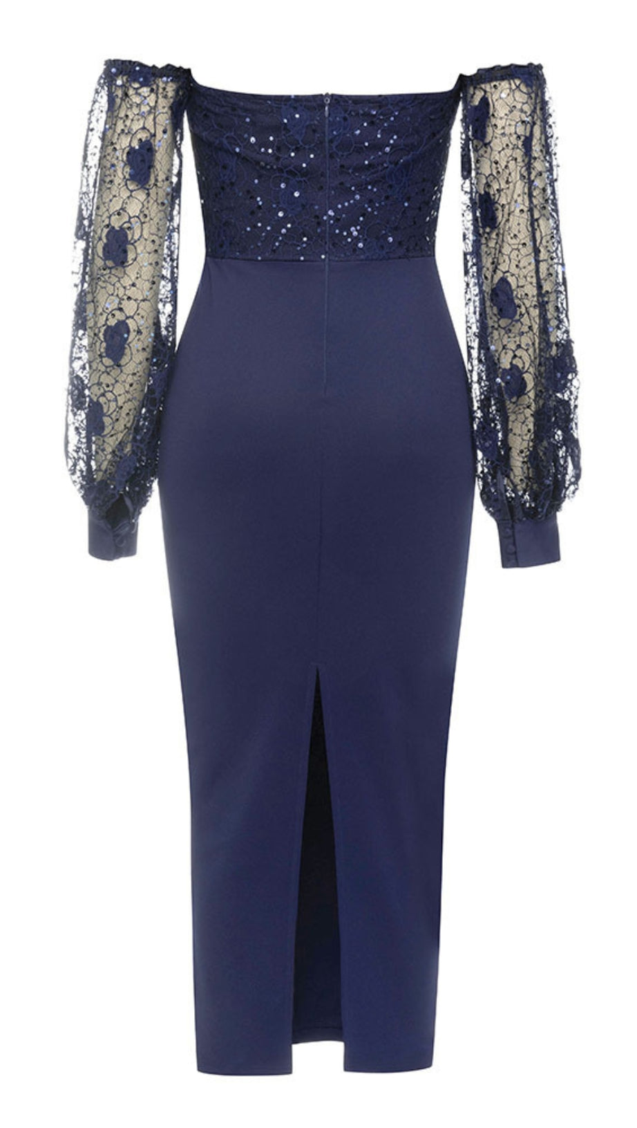 Schulterfreies Midikleid mit Spitzenärmeln in Marineblau