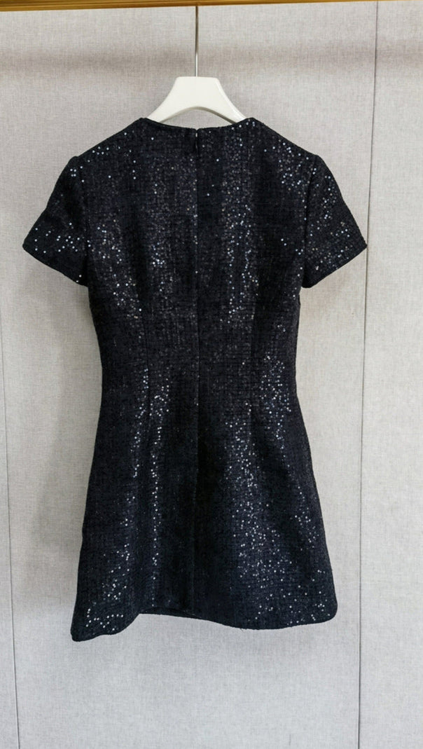 AIIZIE JANICE BLACK SEQUIN TWEED BOW MINI DRESS - product image