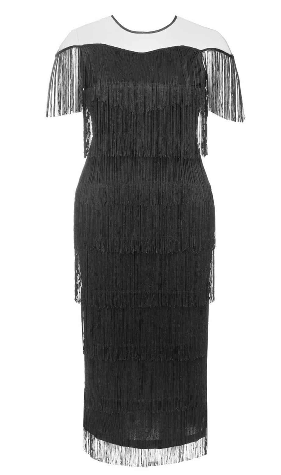 Fringe - Tiered Mesh - Yoke Midi Dress in Black