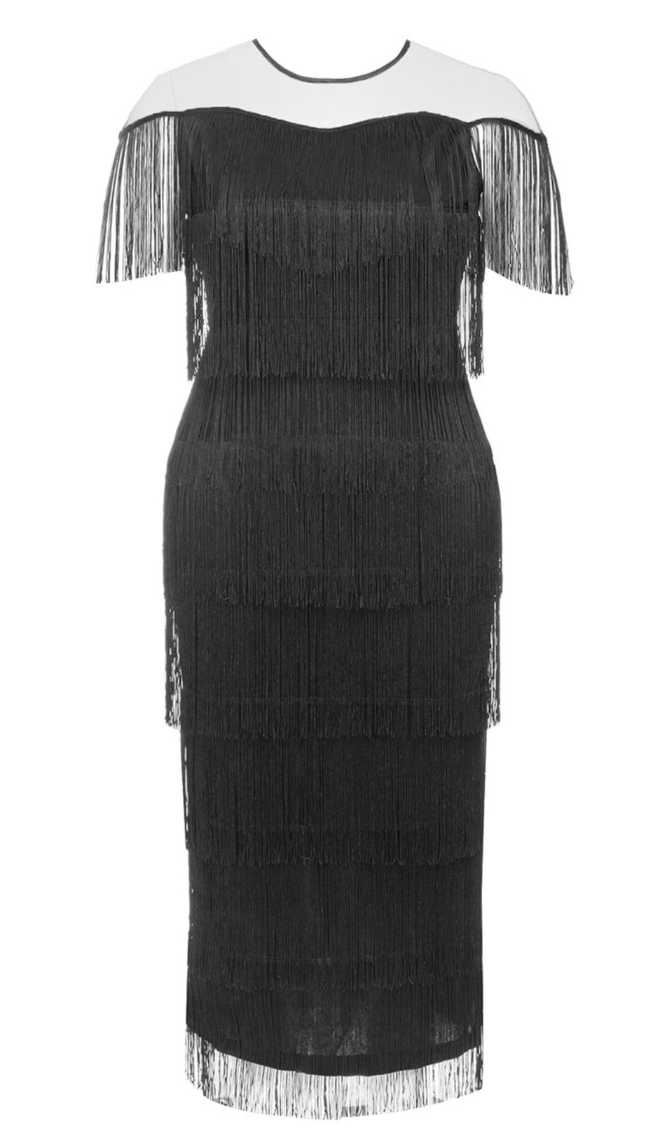 FRINGE - TIERED MESH - YOKE MIDI DRESS IN BLACK
