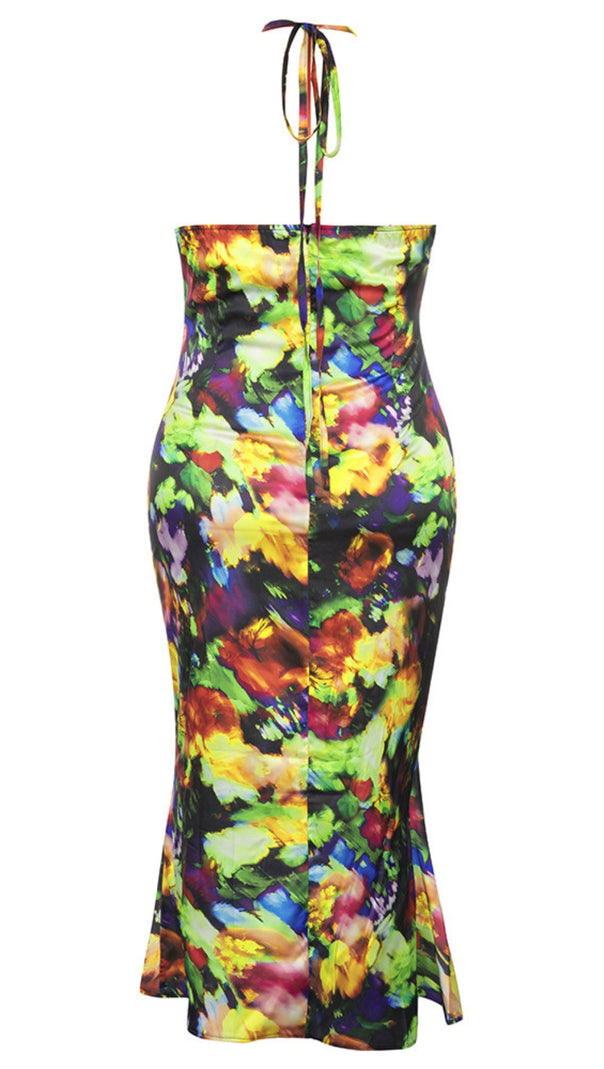 AIIZIE COLORFUL FLORAL HALTER NECK RUFFLED MIDI DRESS - product image