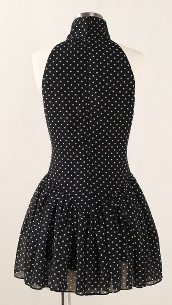 AIIZIE POLKA SILK CHIFFON SLEEVELESS HALTER MINI DRESS IN BLACK - product image