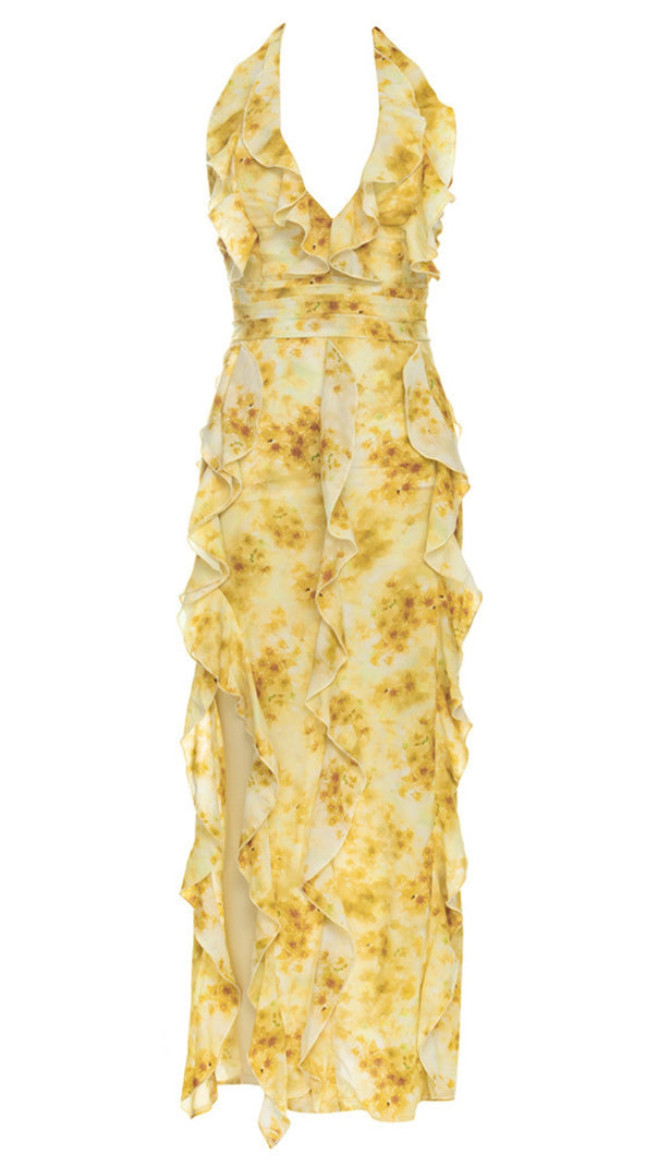 AIIZIE FLORAL RUFFLED HALTER MIDI DRESS IN YELLOW - product image