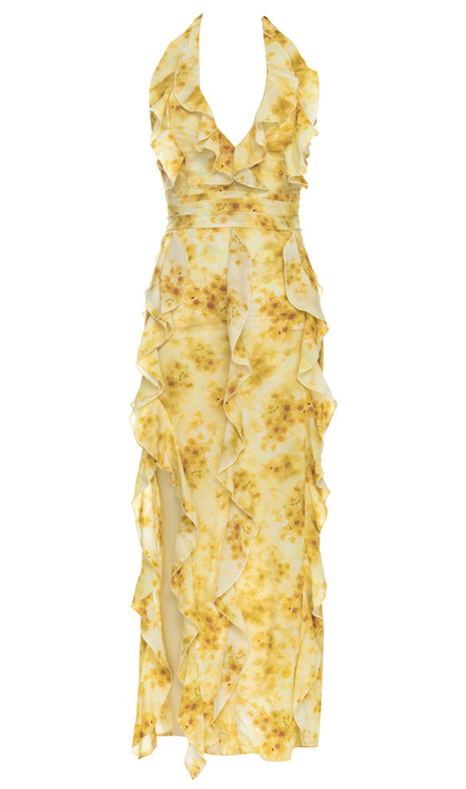 Floral Ruffled Halter Midi Dress in Yellow