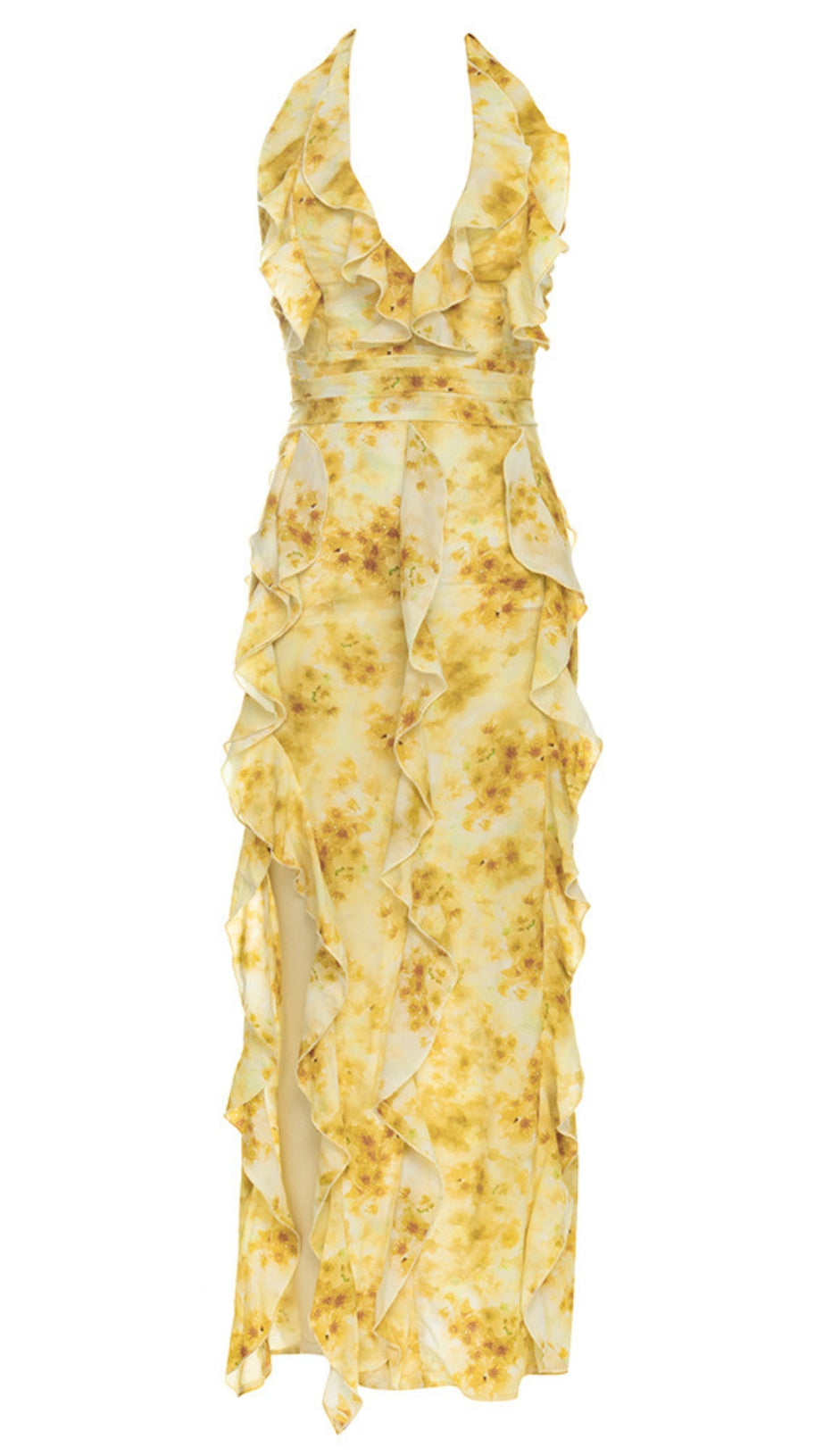 FLORAL RUFFLED HALTER MIDI DRESS IN YELLOW